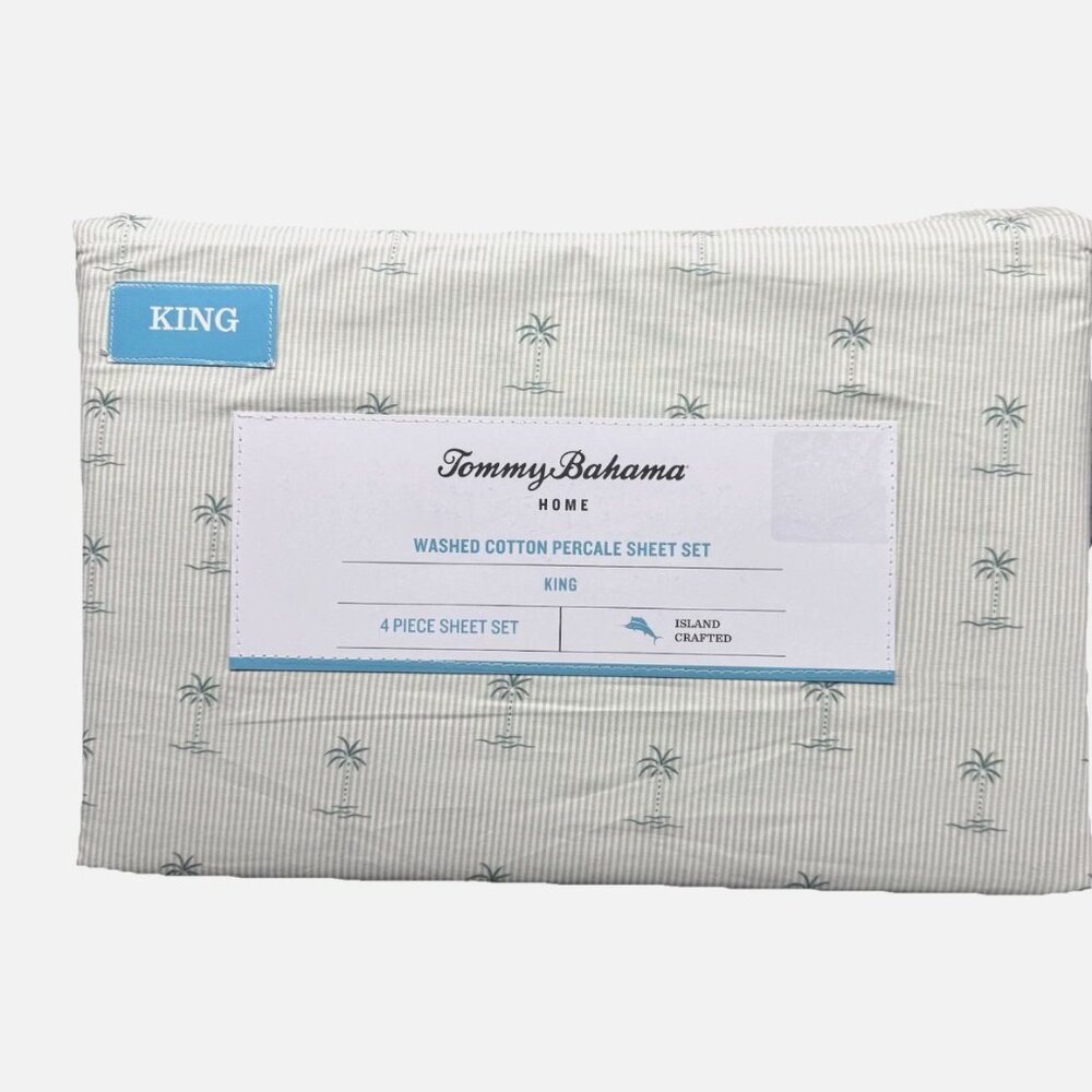 4pc Tommy Bahama KEW PALMS Trees Stripe KING Sheet Set Tropical Cotton Percale